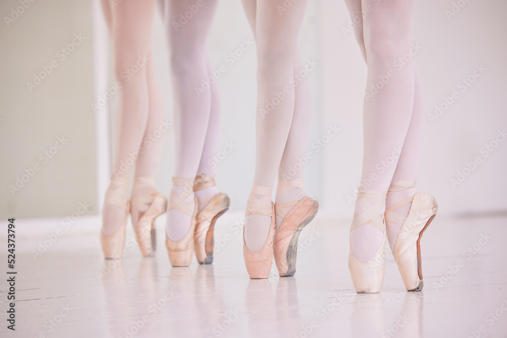 Poster Many ballet feet, legs or tiptoe of elegant dancers dancing and practicing in a dance studio. Closeup of ballerinas or performers or team preparing or learning for a group performance in a class