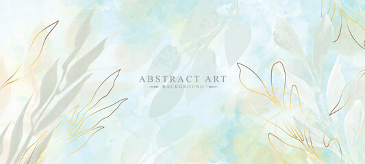 Fototapeta na wymiar Abstract art vector background. Minimal luxury style wallpaper with gold line art flower and spring botanical leaves, watercolor, organic shapes. Banner for vector background, web, packaging, poster.