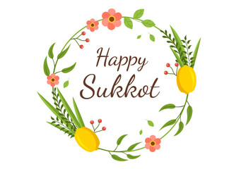 Happy Jewish Holiday Sukkot Hand Drawn Cartoon Flat Illustration with Sukkah, Etrog, Lulav, Arava, Hadas and Decoration Background Design