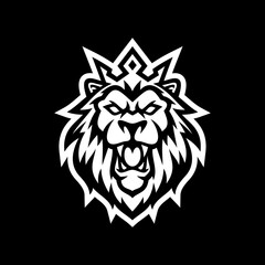 Lion king line art or silhouette logo design. Lion head with crown vector illustration on dark background