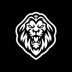 Angry roaring lion head line art or silhouette logo design. Lion face vector illustration on dark background