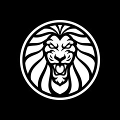 Lion head and circle mascot emblem logo illustration on dark background