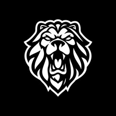 Angry roaring lion head line art or silhouette logo design. Lion face vector illustration on dark background