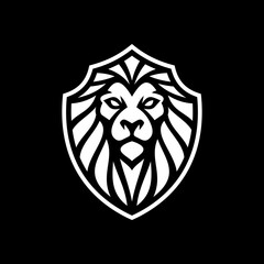 Lion head and shield mascot emblem logo illustration on dark background