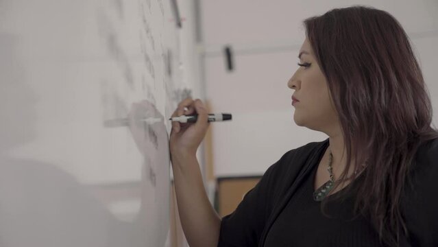 Up frame of a Native American teacher writing on a board. Handheld.