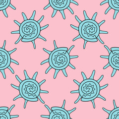 Blue sunburst star turban shell on pink seamless pattern vector. Cartoon simple sea mood surface design with seashells. Marine vacation seamless pattern with hand-drawn pastel turban shells vector