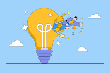 Way to improve creativity of thinking, innovation idea booster, develop imagination to help success, growth mindset, critical thinking concepts. Smart businessman breaking through brightly lightbulb