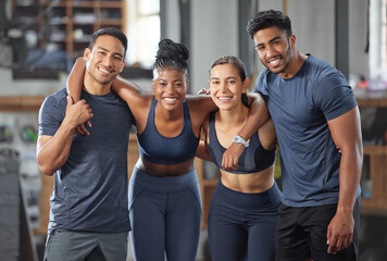 Fitness, exercise and diverse accountability group standing together and looking happy after training at gym. Portrait of friends enjoying their membership at a health and wellness facility - Powered by Adobe
