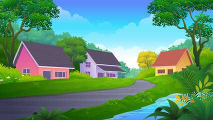 Residential in the village, with lush grass and trees, roads and rivers, beautiful rural cartoon landscape