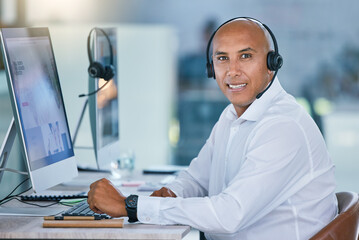 Call center agent, sales man and customer service support operator giving friendly, help and good...