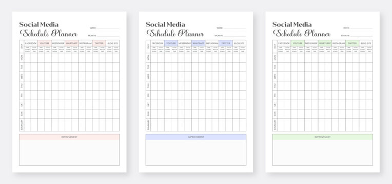 Social media schedule planner template layout. Minimalist planner pages templates. Social media time tracking sheet. Organizer and Schedule Planner. Personal Planner Layout. Planner sheet vector.