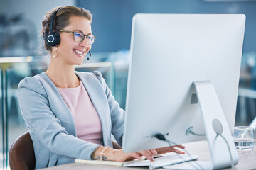 Call center, customer service and agent with computer talking to customers, helping and answering office calls. Mature, happy and friendly helpdesk operator, secretary and contact us client support - obrazy, fototapety, plakaty