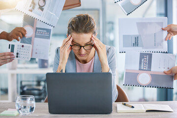 Stress, anxiety and burnout with a female leader, manager and CEO feeling overworked while...