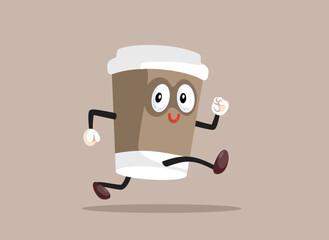 Funny Disposable Coffee Cup Character Running with Energy Vector Cartoon. Happy cheerful mascot experiencing caffeine stimulation 
