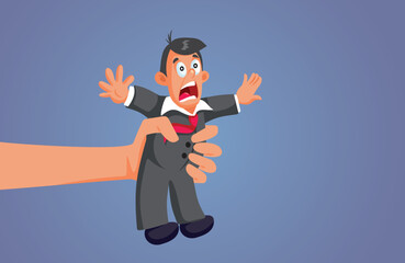Hand Holding a Desperate Businessman Screaming Vector Cartoon. Scared man being squeezed by power hungry business manager
