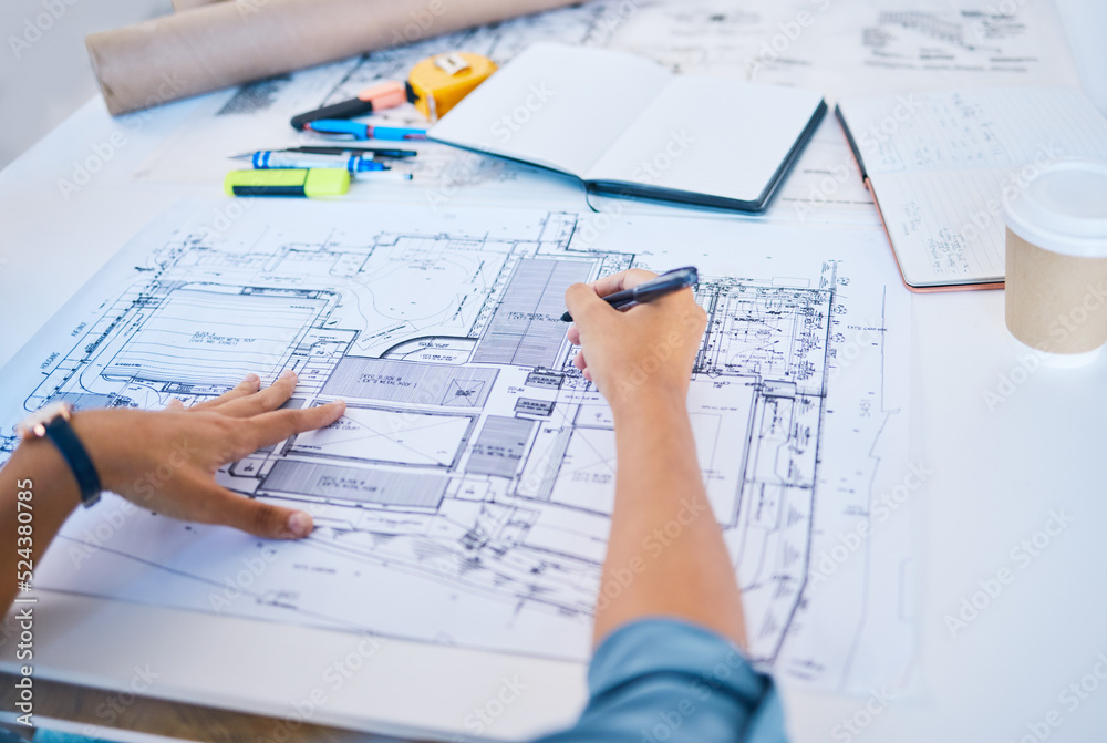 Poster Architect sketching, planning or drawing an architectural design plan or blueprint diagram with draw tools, equipment and stationery. POV hands of man busy working on new designing project structure