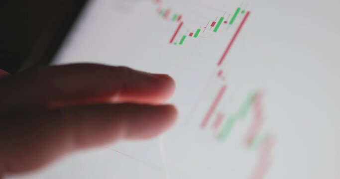 4K Video slow motion close up finger touch financial graph on tablet screen. Video Background for technology and digital life.