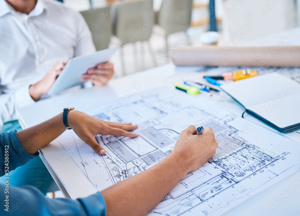 Aufkleber architect sketching, designing blueprint or doing architecture, engineering or structure drawing on 