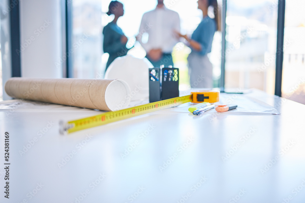 Poster Architecture, construction and building with plans, blueprints and tape measure on a desk in an architect office. Closeup of engineer or contractor equipment on a table ready for planning and design