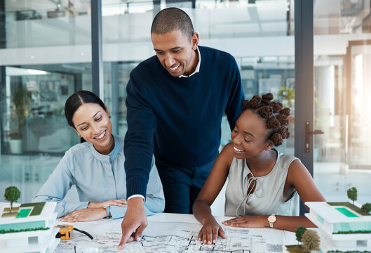 Meeting architects, blueprint and building engineers with vision talking, planning and discussing structure design on paper. Group diversity or team of professional designers sharing innovation ideas