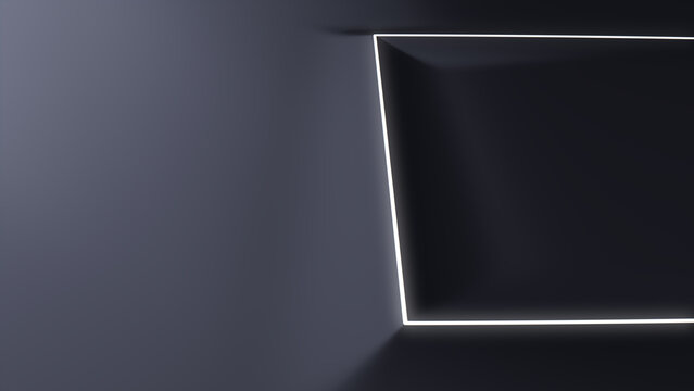 Minimalist Tech Background with Raised Square and White Illuminated Edge. Black Surface with Embossed 3D Shape. 3D Render.