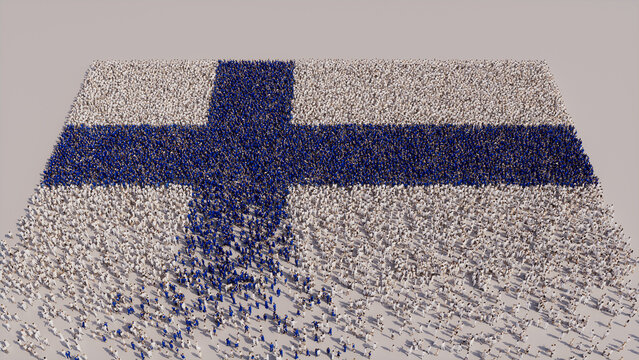 Finnish Flag formed from a Crowd of People. Banner of Finland on White.