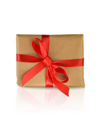 Wrapped vintage gift box with red ribbon bow, isolated on white