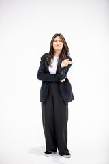 Obraz premium Asian businessman and businesswoman colleagues at work, Happy colleagues work together in office on white background.