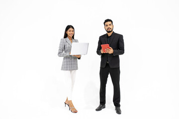 Asian businessman and businesswoman colleagues at work, Happy colleagues work together in office on white background. - 524382992