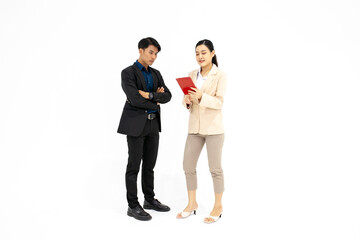 Asian businessman and businesswoman colleagues at work, Happy colleagues work together in office on white background.
