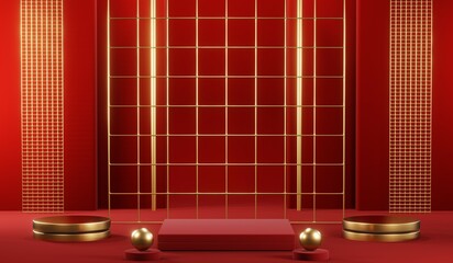 3D rendering of blank product background for cream cosmetics Modern red podium background