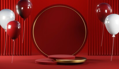3D rendering of blank product background for cream cosmetics Modern red podium background