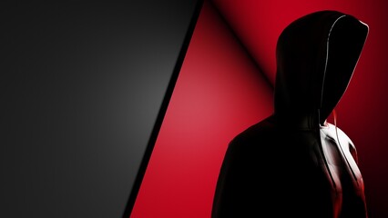 Anonymous hacker with red color hoodie in shadow under deep black-red background. Dangerous criminal concept image. 3D CG. 3D illustration. 3D high quality rendering.