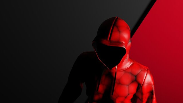 Anonymous hacker with red color hoodie in shadow under deep black-red background. Dangerous criminal concept image. 3D CG. 3D illustration. 3D high quality rendering.
