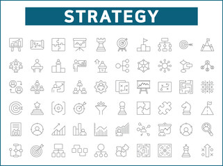 Simple Set of strategy Related Vector Line Icons. Contains such Icons as goals, success, logic, graphs, reports, business, growth, targets and more.