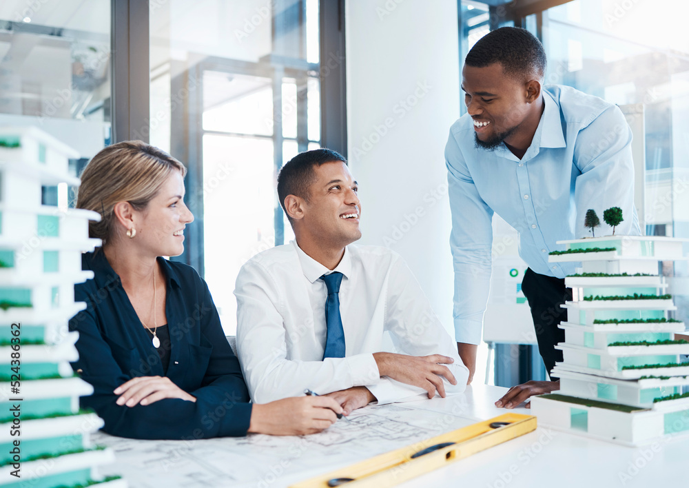 Poster Architecture, interior and architect engineers with blueprint model and a floor plan planning together. Happy building designers working in collaboration on engineering project in an office meeting