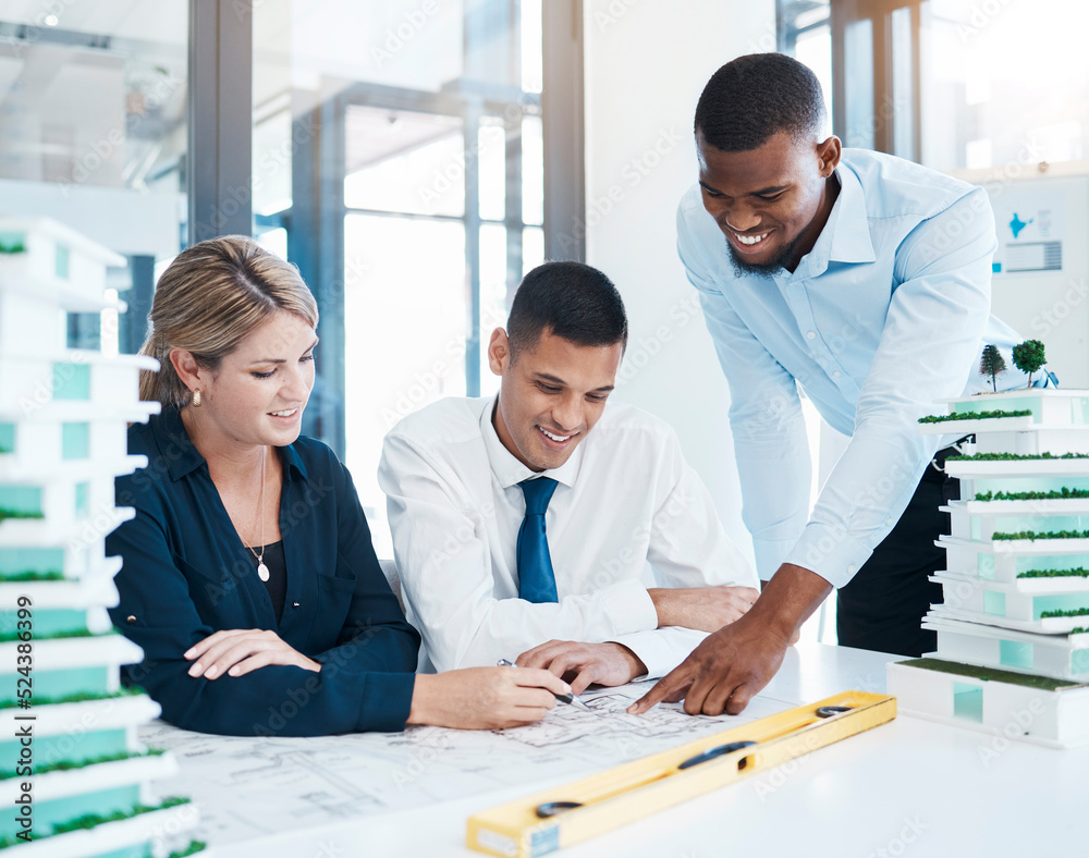 Poster Design, architecture and diversity of a team of architects working on construction blueprint plan. Happy, creative colleagues or engineer planning a building layout for a project in the office.