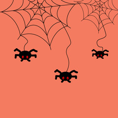 A orange Halloween banner with cobwebs and spiders. Vector background. 