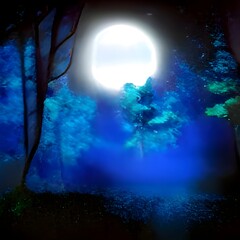 Night Coniferous Forest. Magic Woods. Moonlight and Fog. Nature, Mystery and Fairy Tale Space. illustration