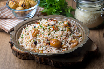 Traditional delicious Turkish food; chestnut rice pilaf (Turkish name; kestaneli pilav)