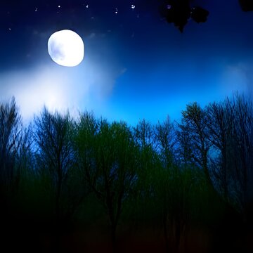 Night Coniferous Forest. Magic Woods. Moonlight and Fog. Nature, Mystery and Fairy Tale Space. illustration © Anupam