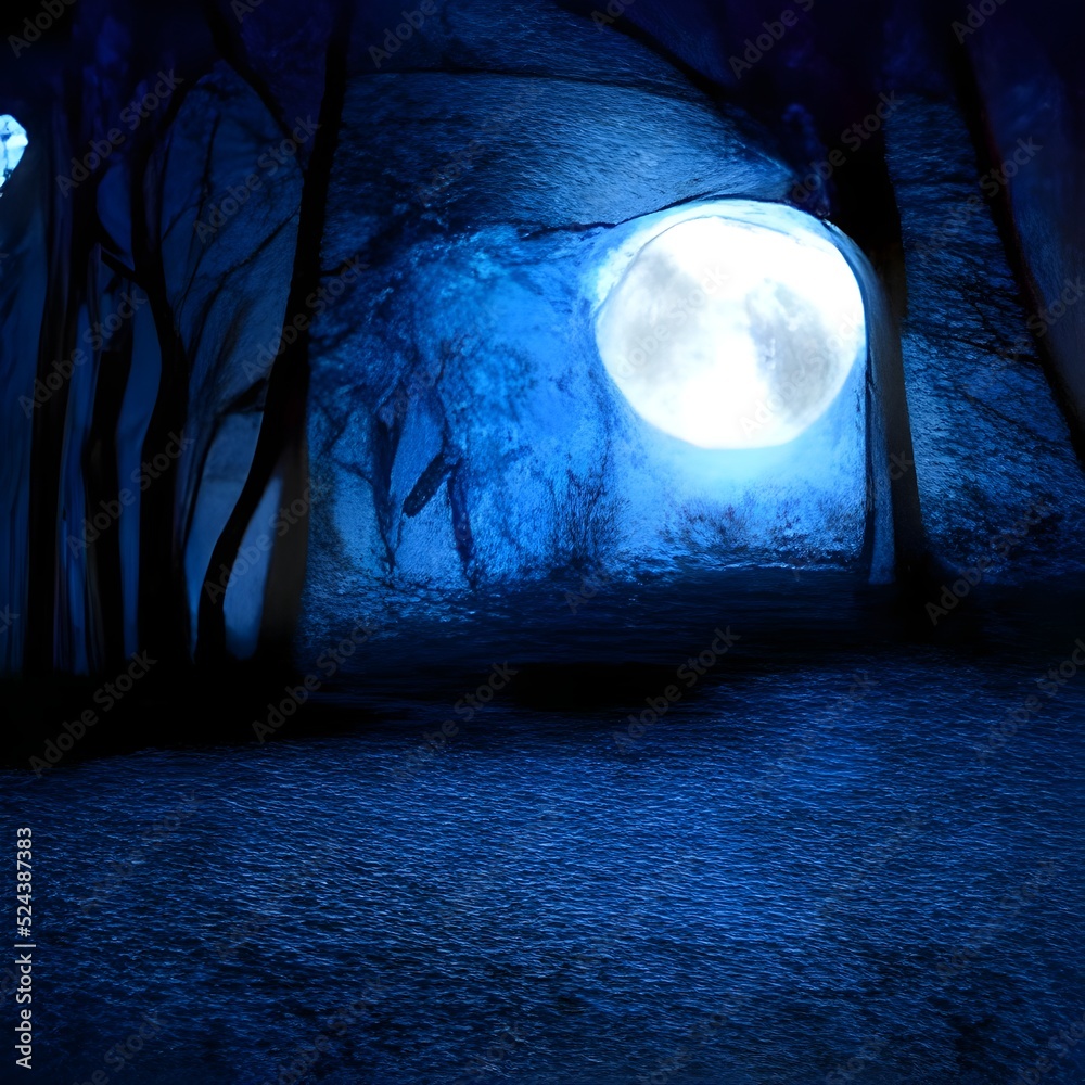 Wall mural mysterious magical fantasy fairy tale forest at night in the full moon light 3d artwork