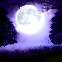 Fototapeta na wymiar Bright moon over magical dark fairy tale forest at night as illustration