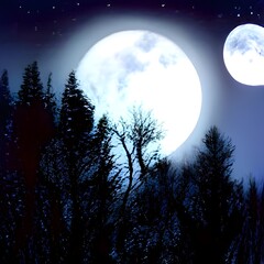 Fototapeta na wymiar Bright moon over magical dark fairy tale forest at night as illustration