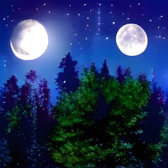 Fototapeta na wymiar Mysterious Magical Fantasy Fairy Tale Forest at Night in the Full Moon light 3D artwork