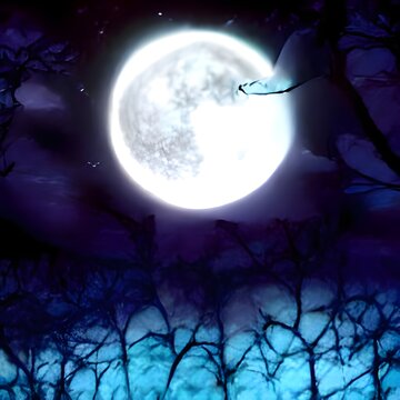 Mysterious Magical Fantasy Fairy Tale Forest at Night in the Full Moon light 3D artwork