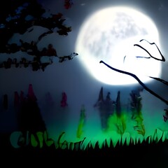 Dark enchanted photo of a full moon in the trees branches background. Blue fairy-tale colors