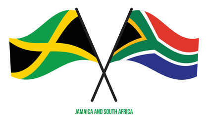 Jamaica and South Africa Flags Crossed And Waving Flat Style. Official Proportion. Correct Colors.