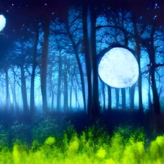 Fototapeta premium full moon on a mystical forest lake at night