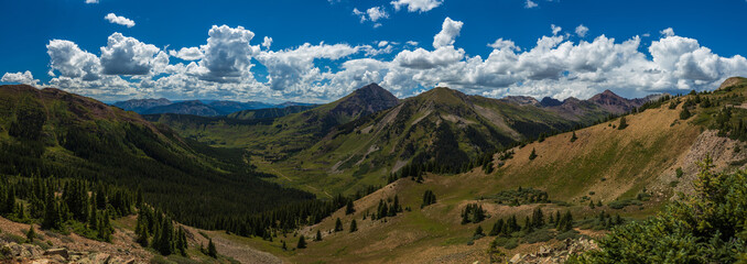 Mountain valley panorama with big clouds